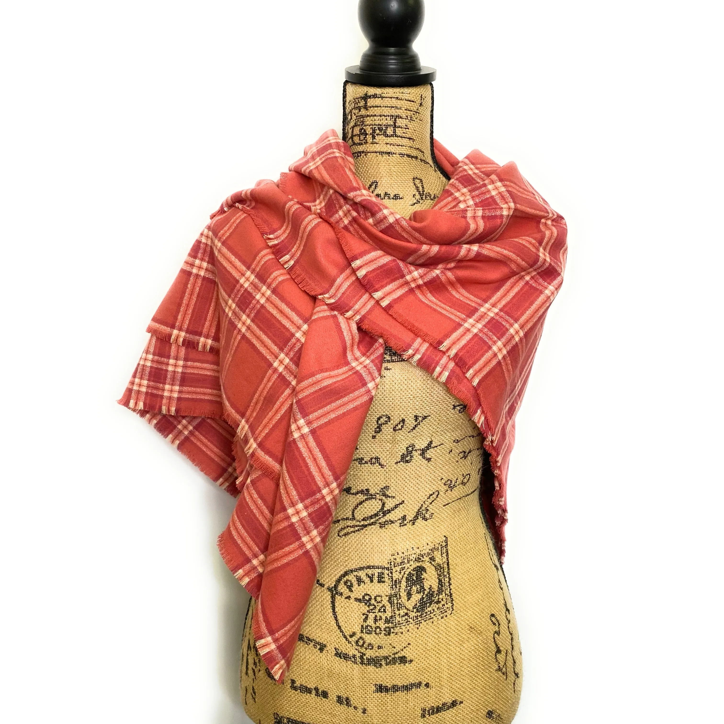 100% Organic Cotton Shades of Strawberry Pink and Cream Plaid Infinity and Blanket Scarves