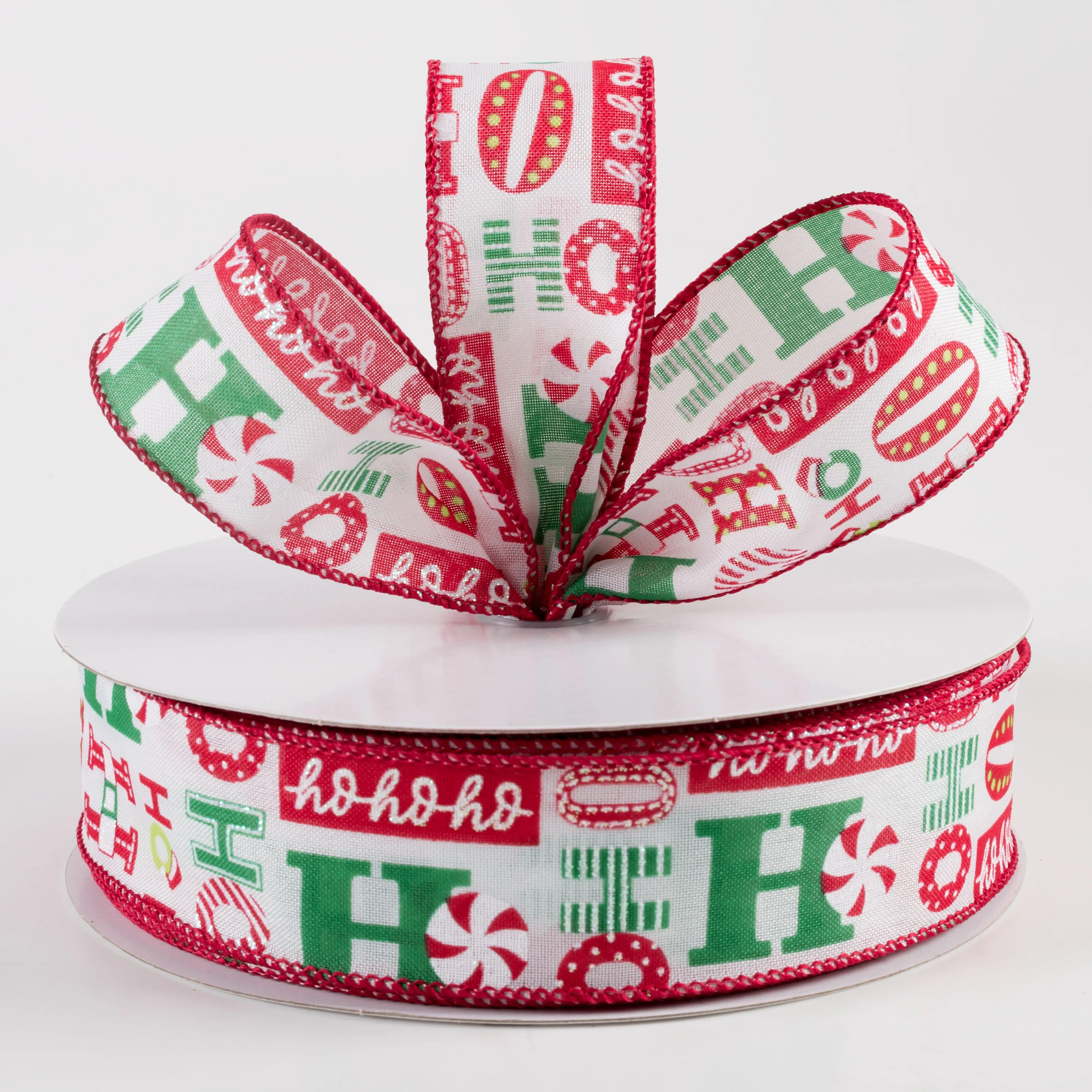 1.5" Satin Christmas Ho Ho Ho Ribbon: White, Red, Green (50 Yards)