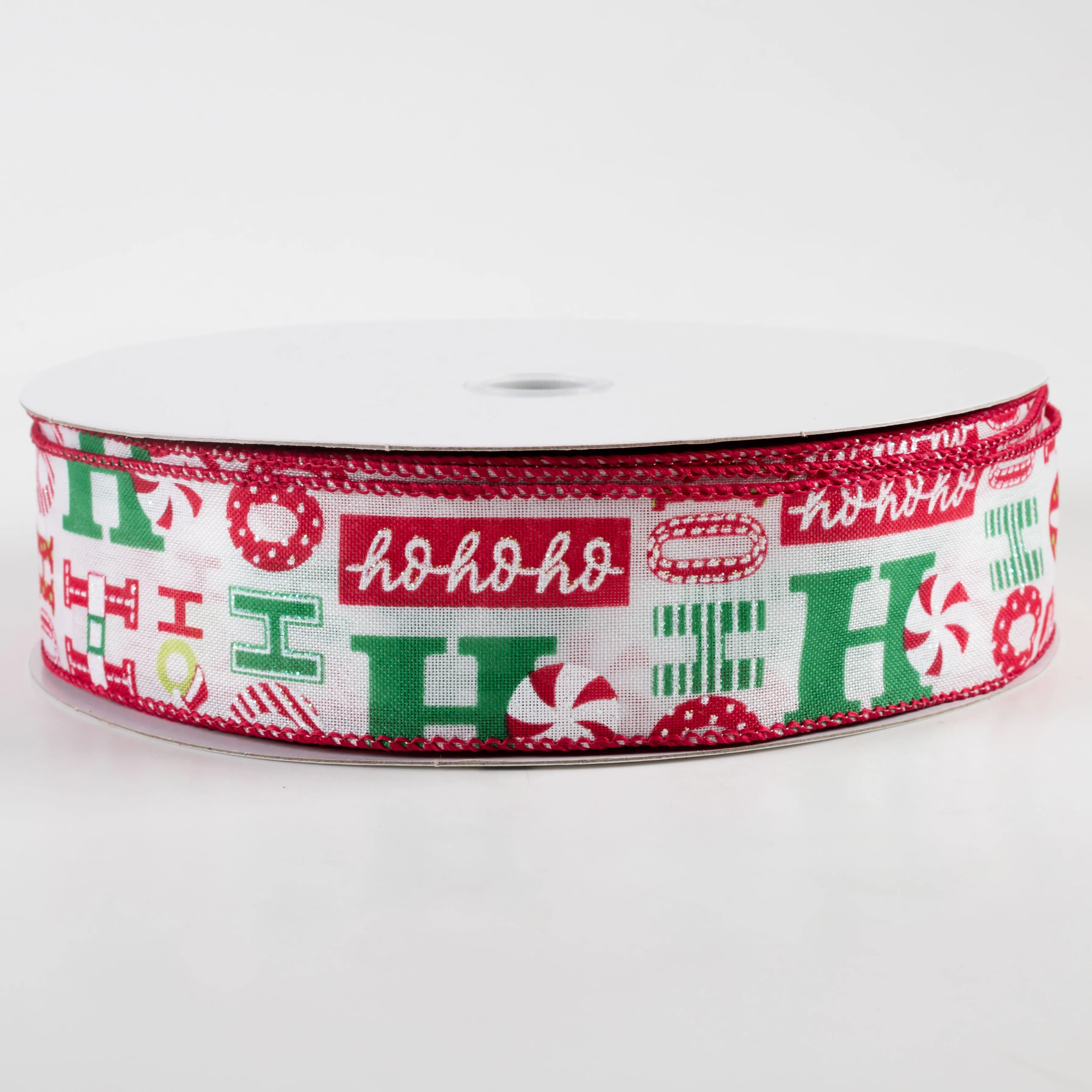 1.5" Satin Christmas Ho Ho Ho Ribbon: White, Red, Green (50 Yards)