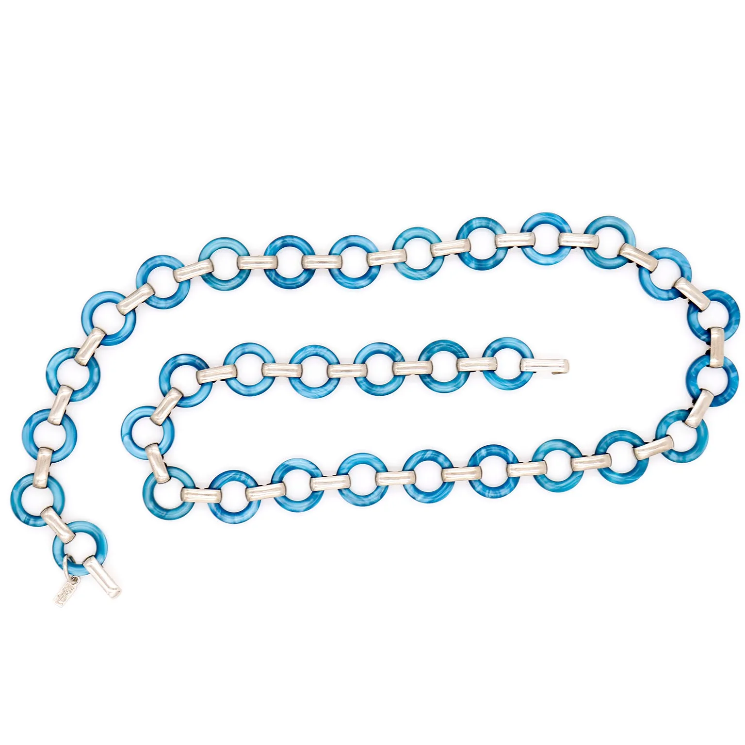 1970s Yves Saint Laurent Blue Lucite Ring Chain Belt w/ Silver Links