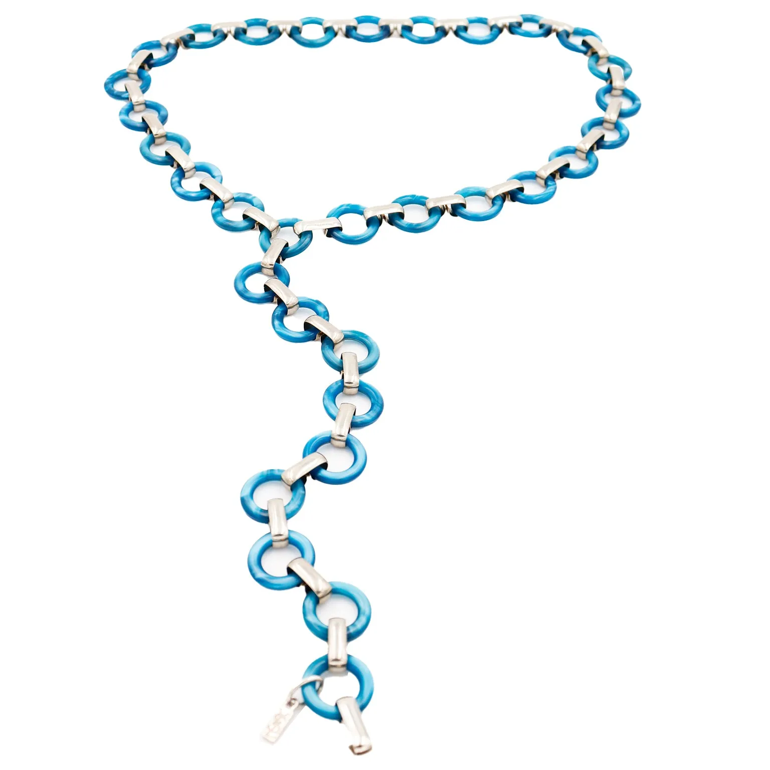 1970s Yves Saint Laurent Blue Lucite Ring Chain Belt w/ Silver Links