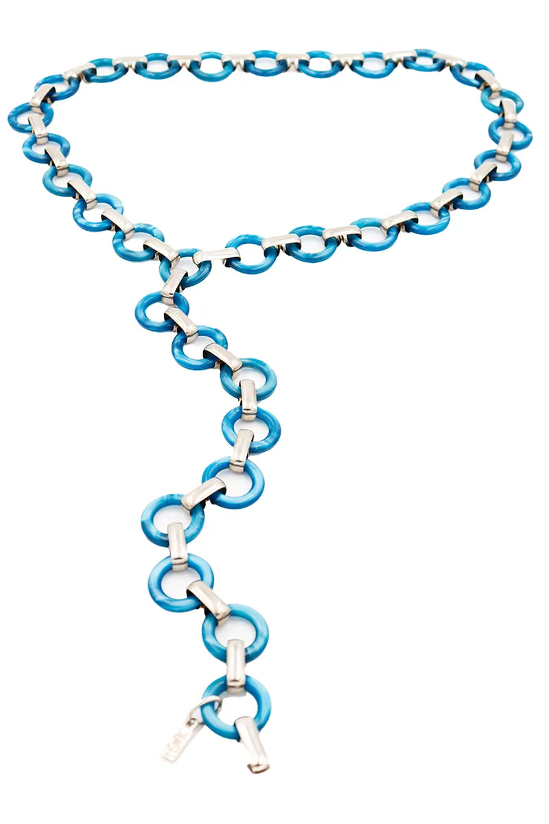 1970s Yves Saint Laurent Blue Lucite Ring Chain Belt w/ Silver Links