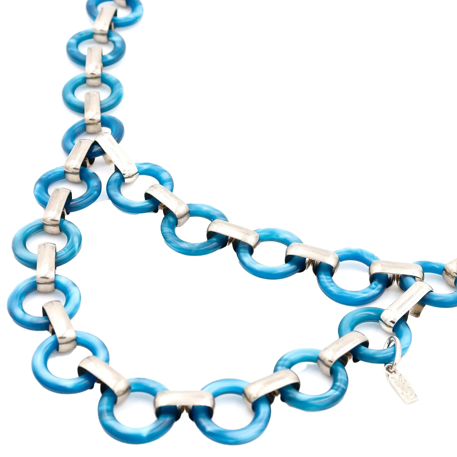 1970s Yves Saint Laurent Blue Lucite Ring Chain Belt w/ Silver Links