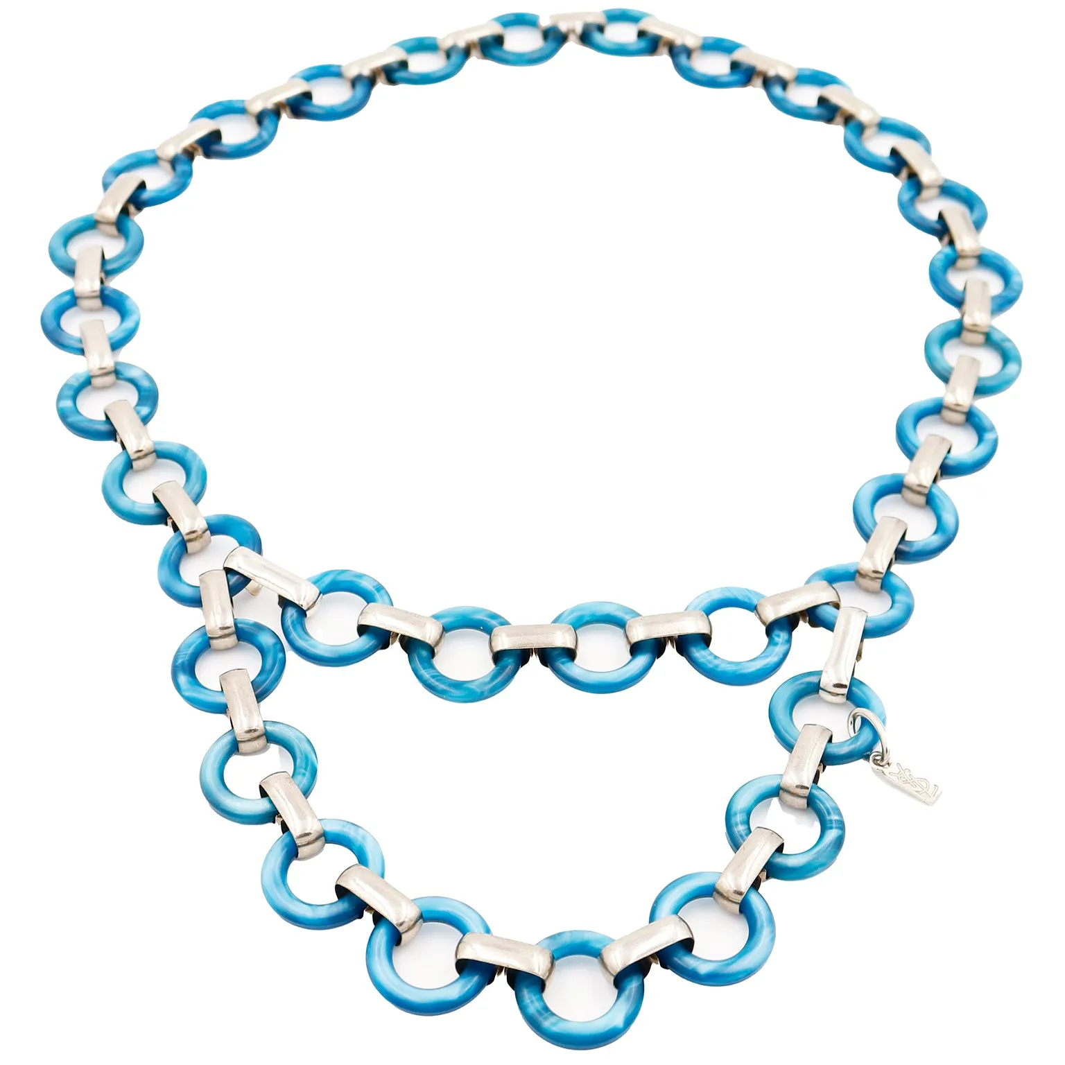1970s Yves Saint Laurent Blue Lucite Ring Chain Belt w/ Silver Links