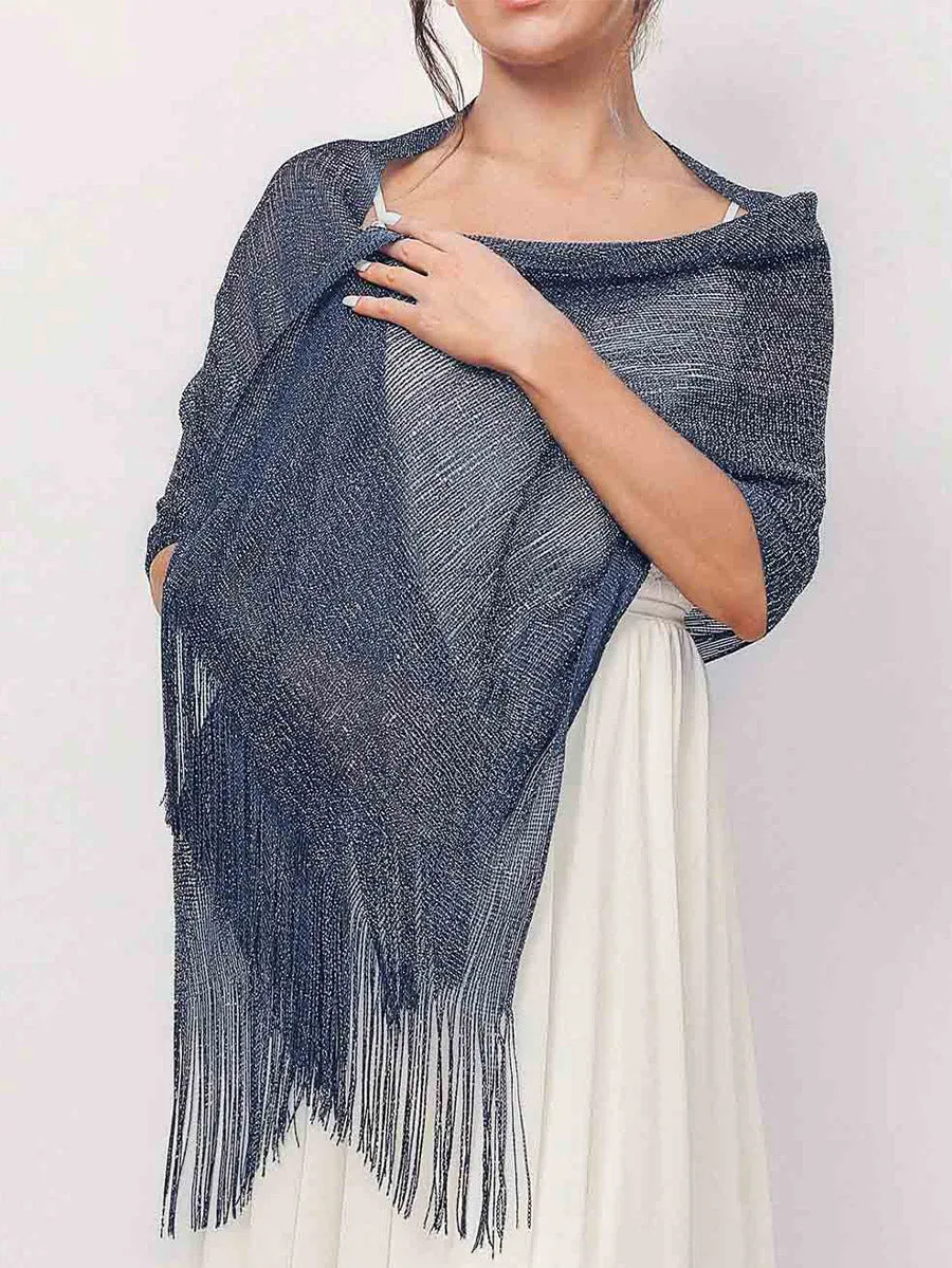 2025 Women's Navy Blue Vintage Glittering Fringe Shawls Scarf