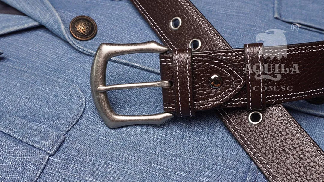 Aquila 40mm double stitch full grain leather belt with eyelets grommets (40021)