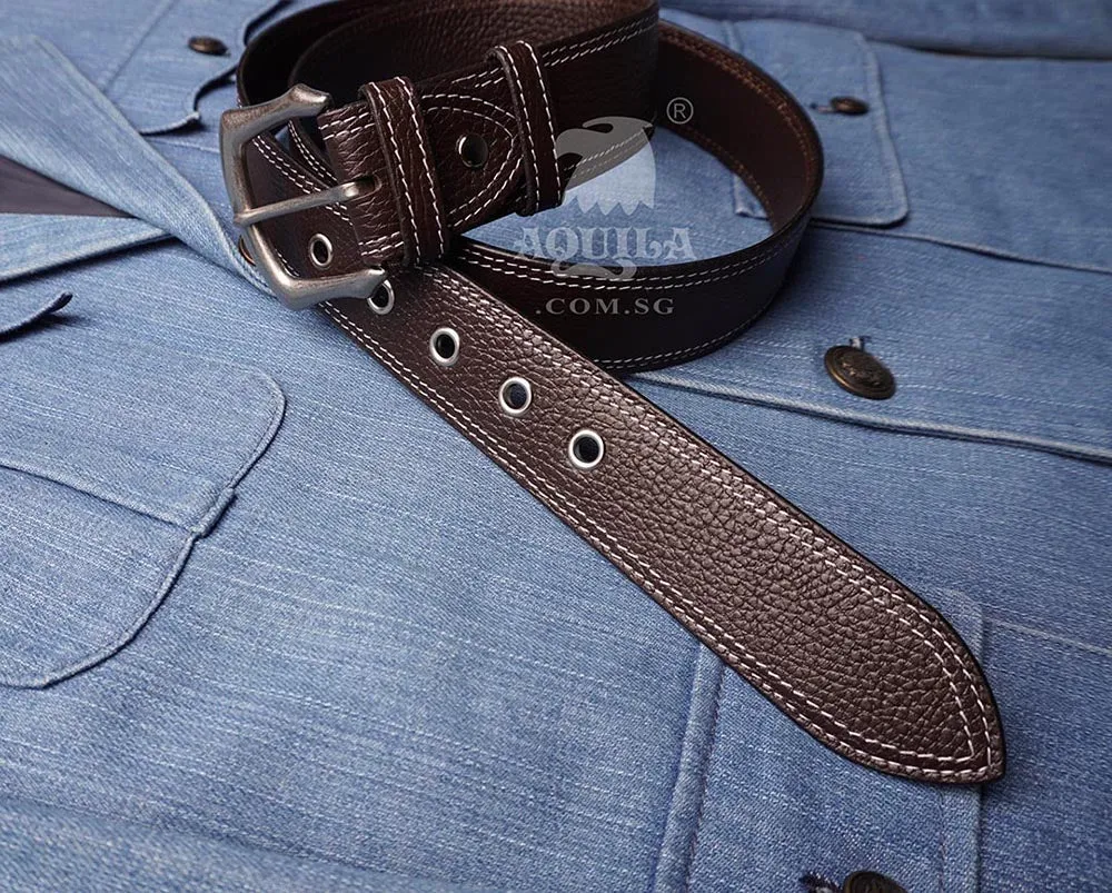 Aquila 40mm double stitch full grain leather belt with eyelets grommets (40021)