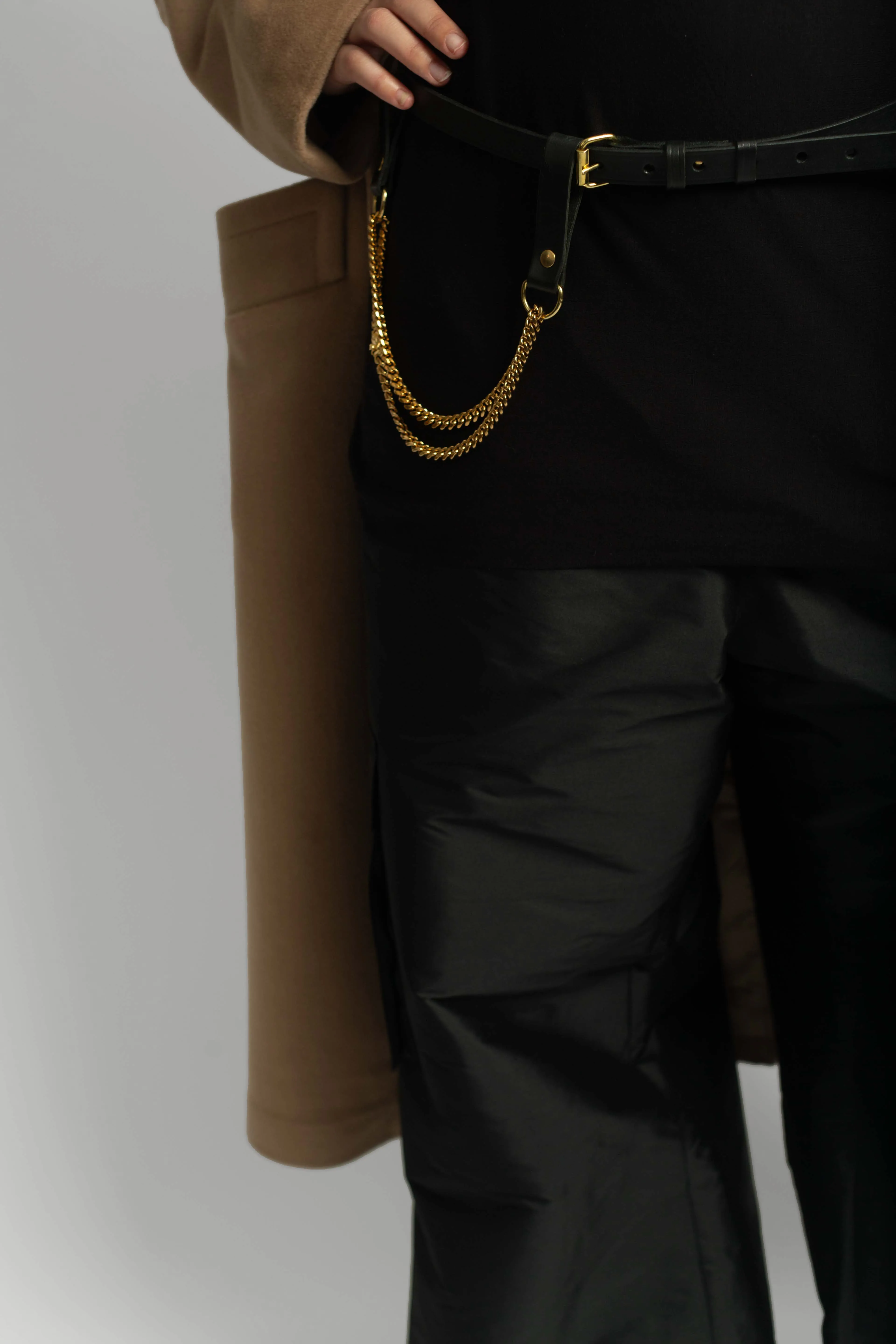 Convertible Draped Chain & Leather Belt- Black