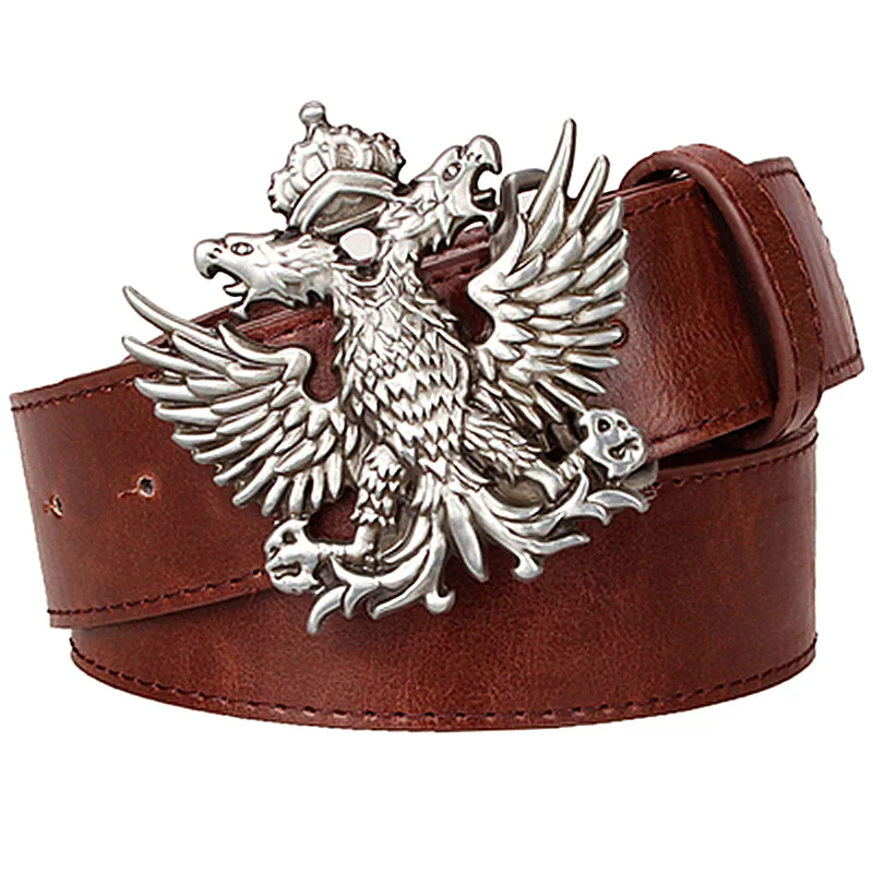 Cool men's leather belt Headed eagle hip hop punk belt metal Double headed eagle pattern belt rock dress up strap