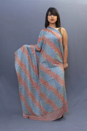 Diagonal Kani Design Using Ferozi And Orange Colour Add Up The Designer And Royal Look.