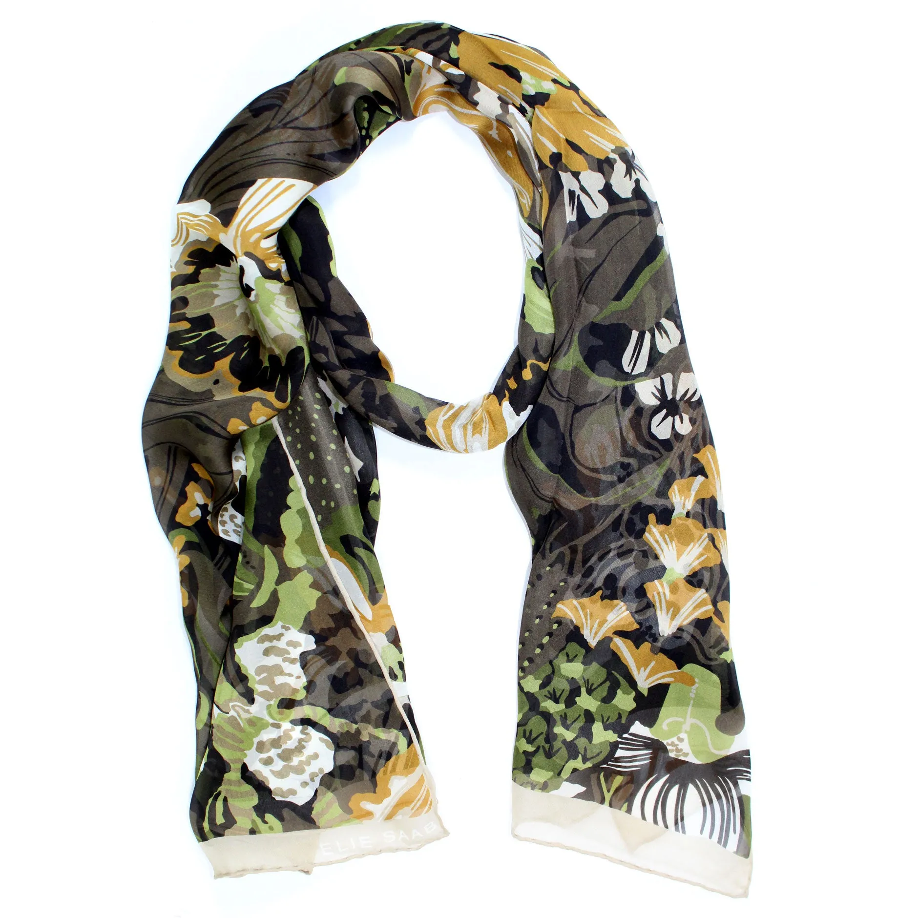 Elie Saab Scarf Forest Green Floral Design - Chiffon Silk Designer Shawl