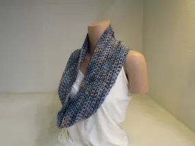 Handcrafted Cowl Blue Orange Crocheted 100% Merino Female Adult -- New