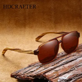 Hdcrafter Men's Full Rim Square Double Bridge Tac Bamboo Wood Polarized Sunglasses 61624