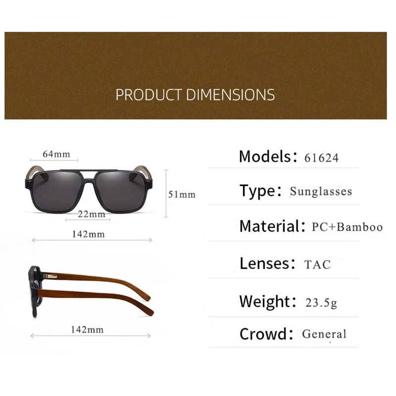 Hdcrafter Men's Full Rim Square Double Bridge Tac Bamboo Wood Polarized Sunglasses 61624