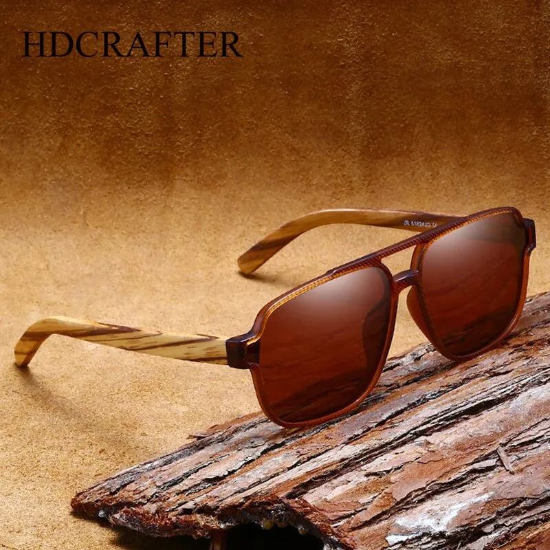Hdcrafter Men's Full Rim Square Double Bridge Tac Bamboo Wood Polarized Sunglasses 61624