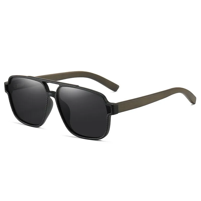Hdcrafter Men's Full Rim Square Double Bridge Tac Bamboo Wood Polarized Sunglasses 61624