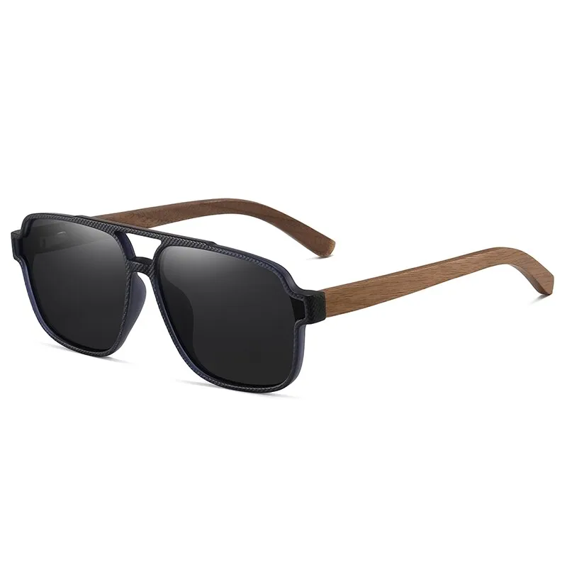 Hdcrafter Men's Full Rim Square Double Bridge Tac Bamboo Wood Polarized Sunglasses 61624