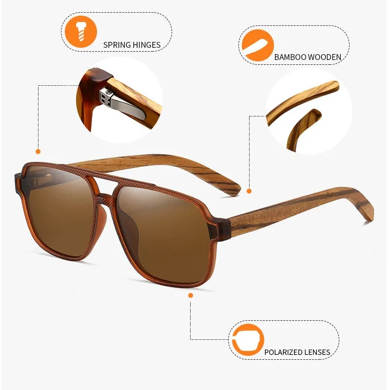 Hdcrafter Men's Full Rim Square Double Bridge Tac Bamboo Wood Polarized Sunglasses 61624