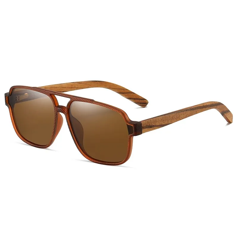 Hdcrafter Men's Full Rim Square Double Bridge Tac Bamboo Wood Polarized Sunglasses 61624