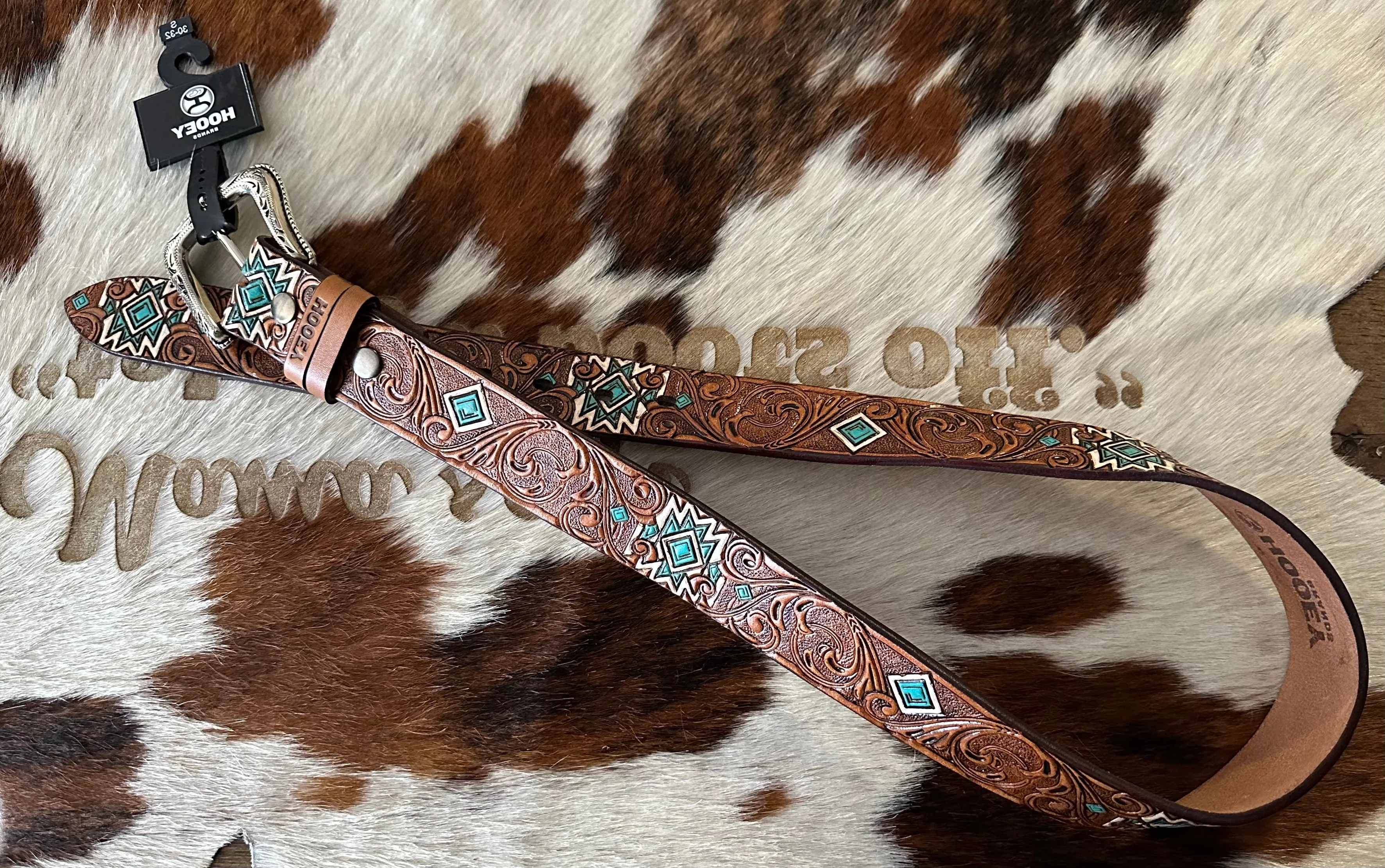 HOOEY DYANI WOMENS FILIGREE LEATHER BELT WITH TURQUOISE & IVORY AZTEC