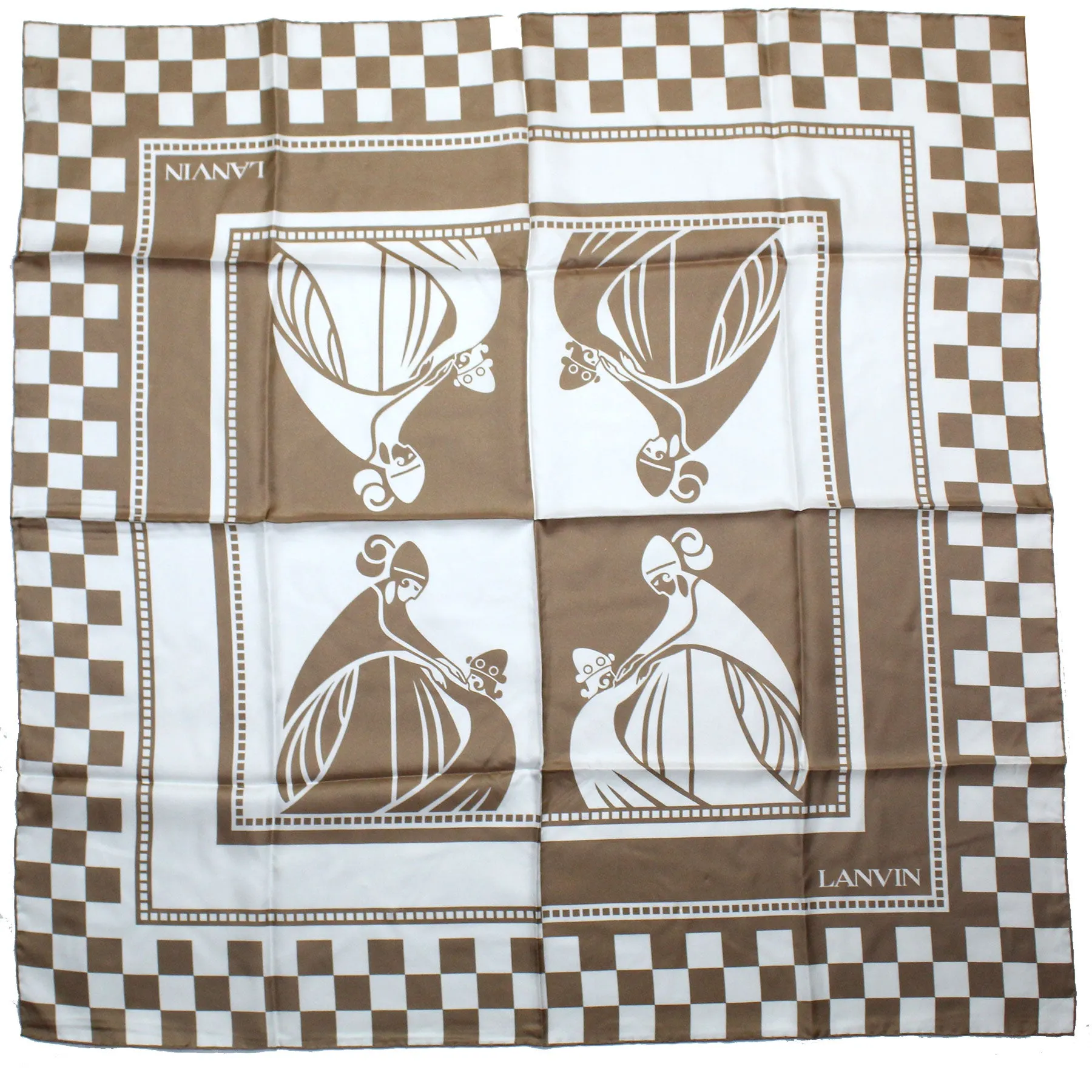 Lanvin Scarf Taupe White Check Design - Twill Silk Scarf