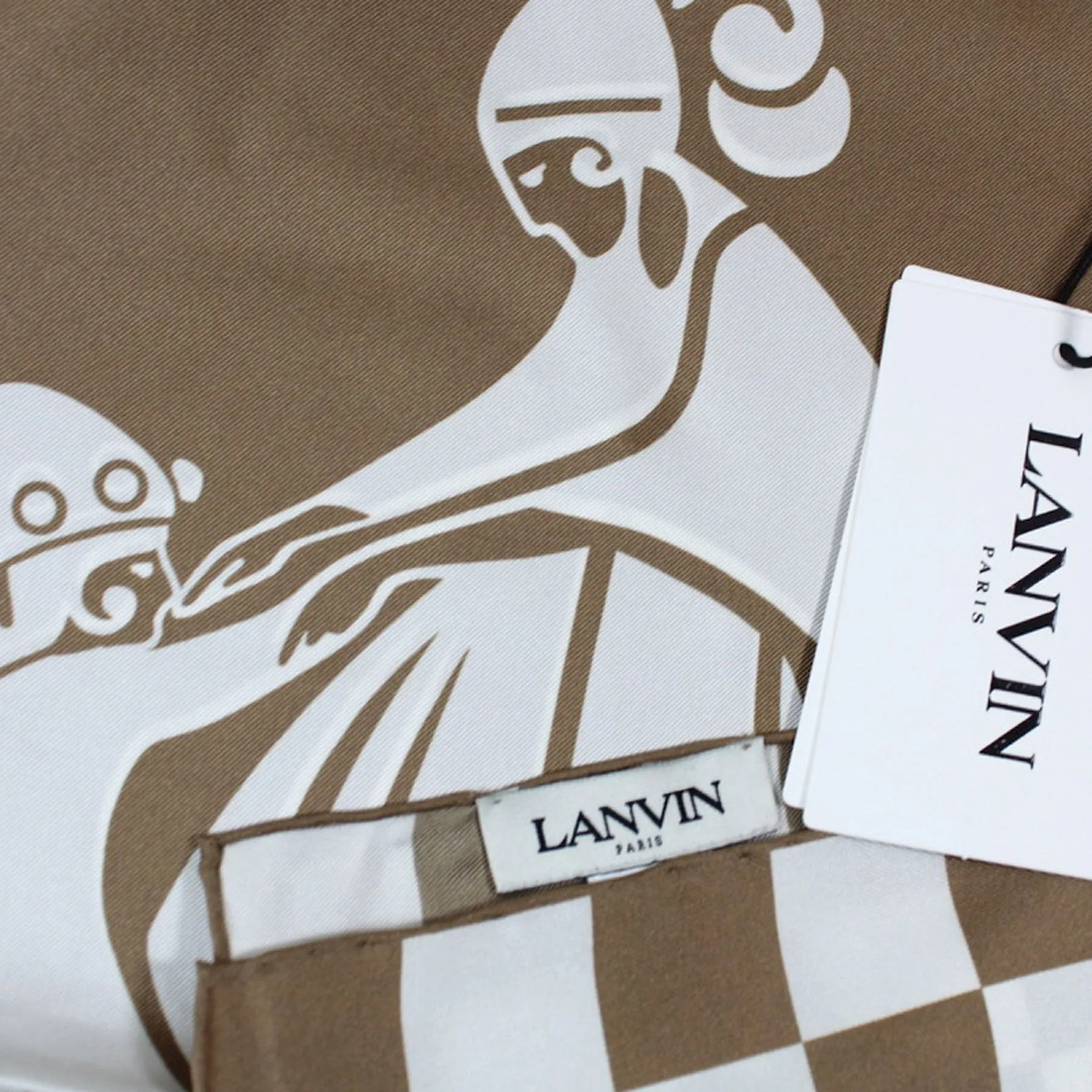 Lanvin Scarf Taupe White Check Design - Twill Silk Scarf