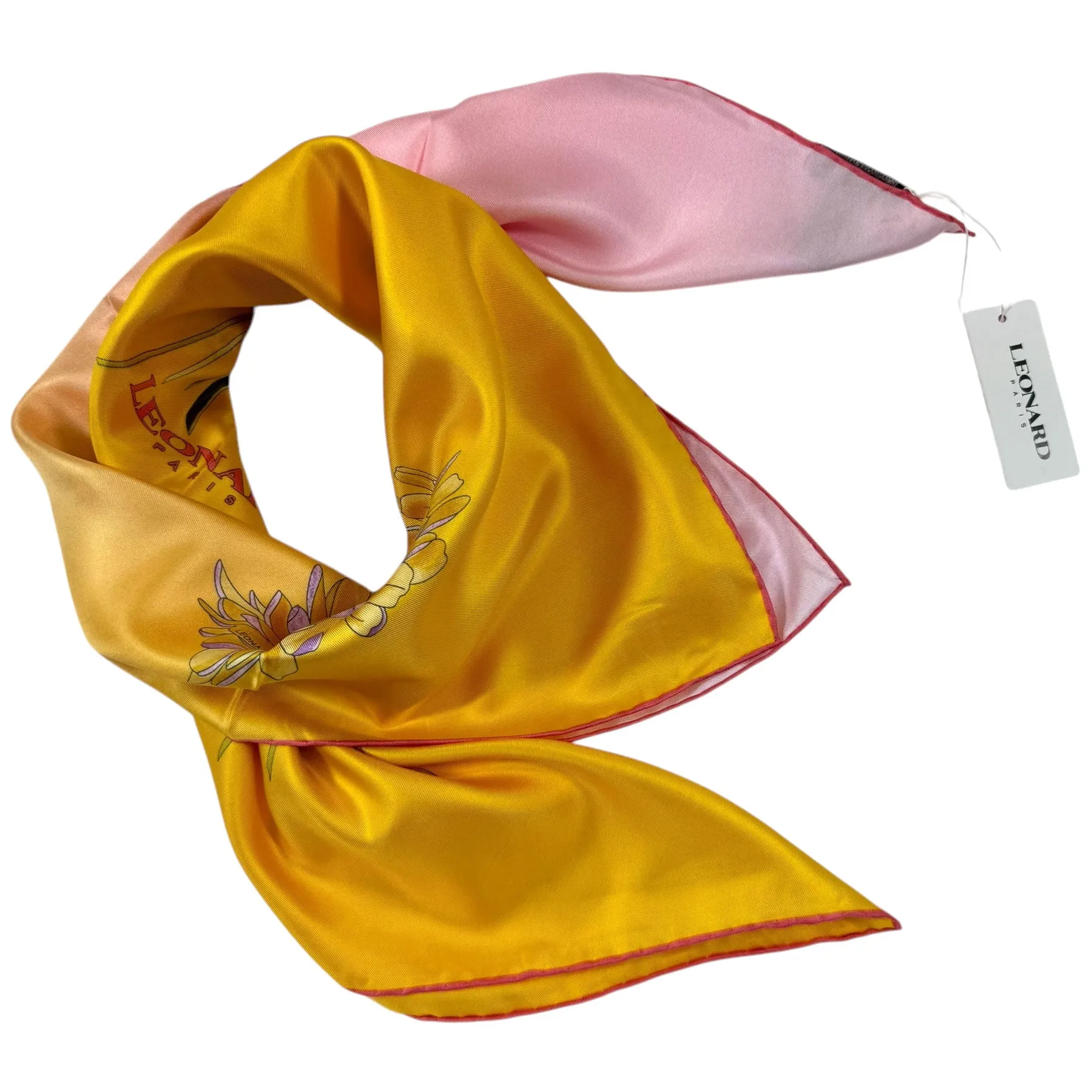 Leonard Paris Scarf Orange Pink Green Floral - Twill Silk Large Square Scarf