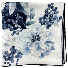 Leonard Paris Scarf White Dark Blue Gray Floral - Twill Silk Large Square Scarf