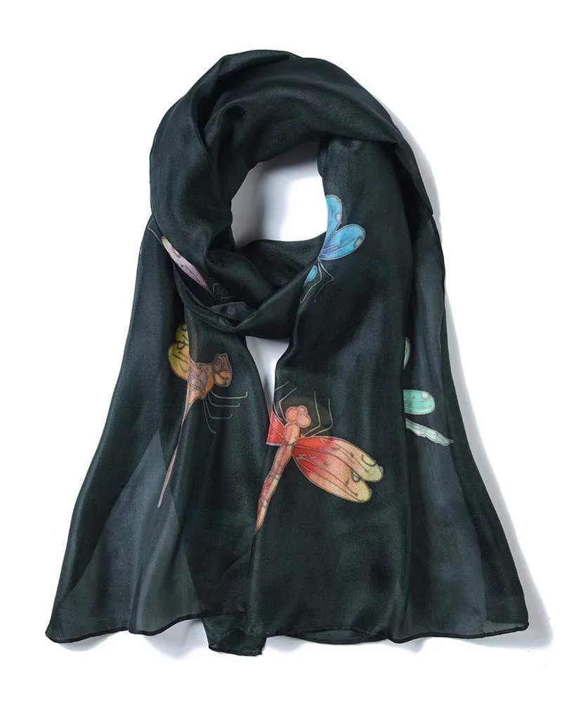 Long Hand Painted Silk Scarf - Dragonfly