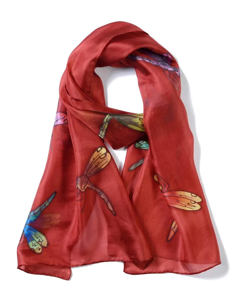 Long Hand Painted Silk Scarf - Dragonfly