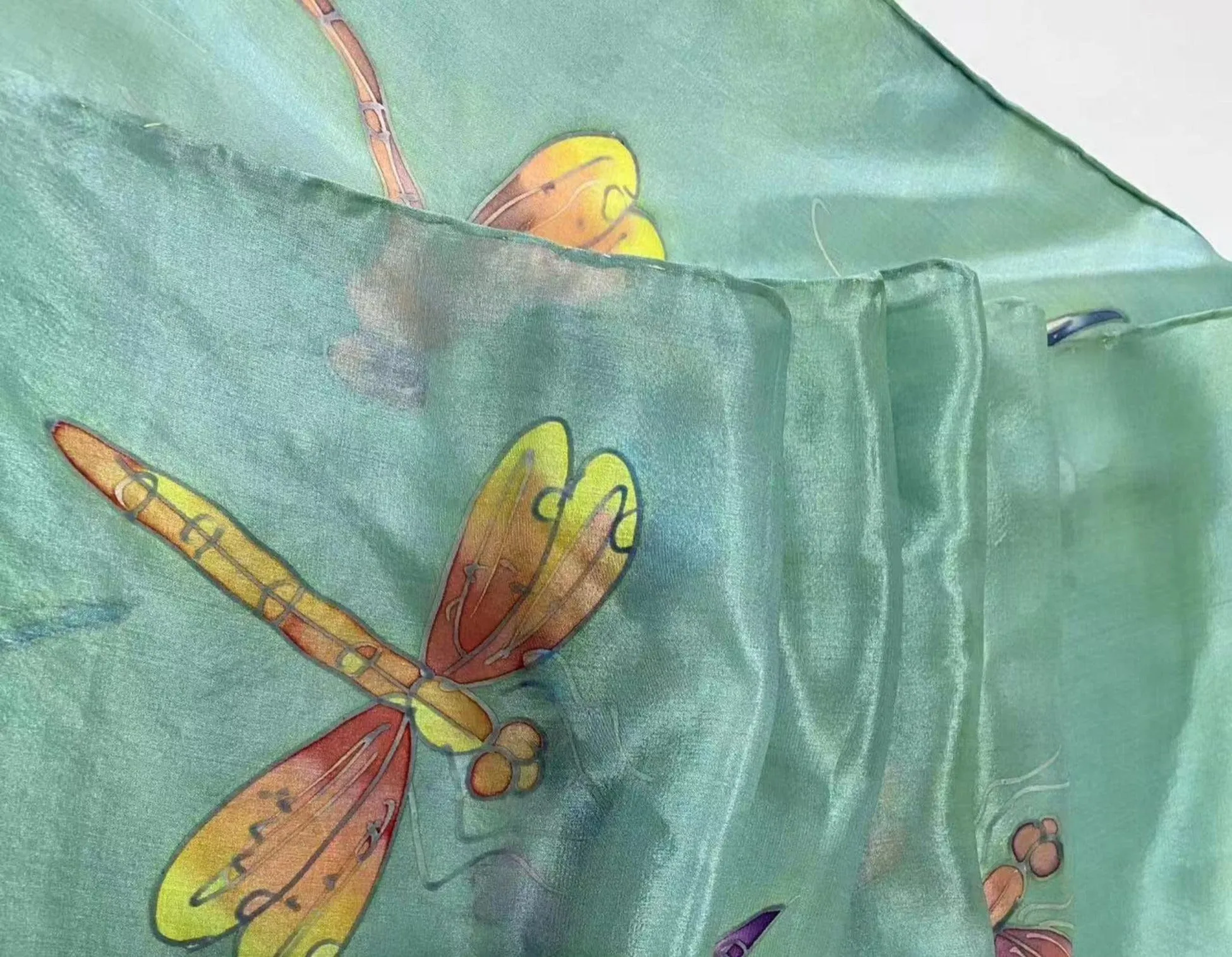 Long Hand Painted Silk Scarf - Dragonfly