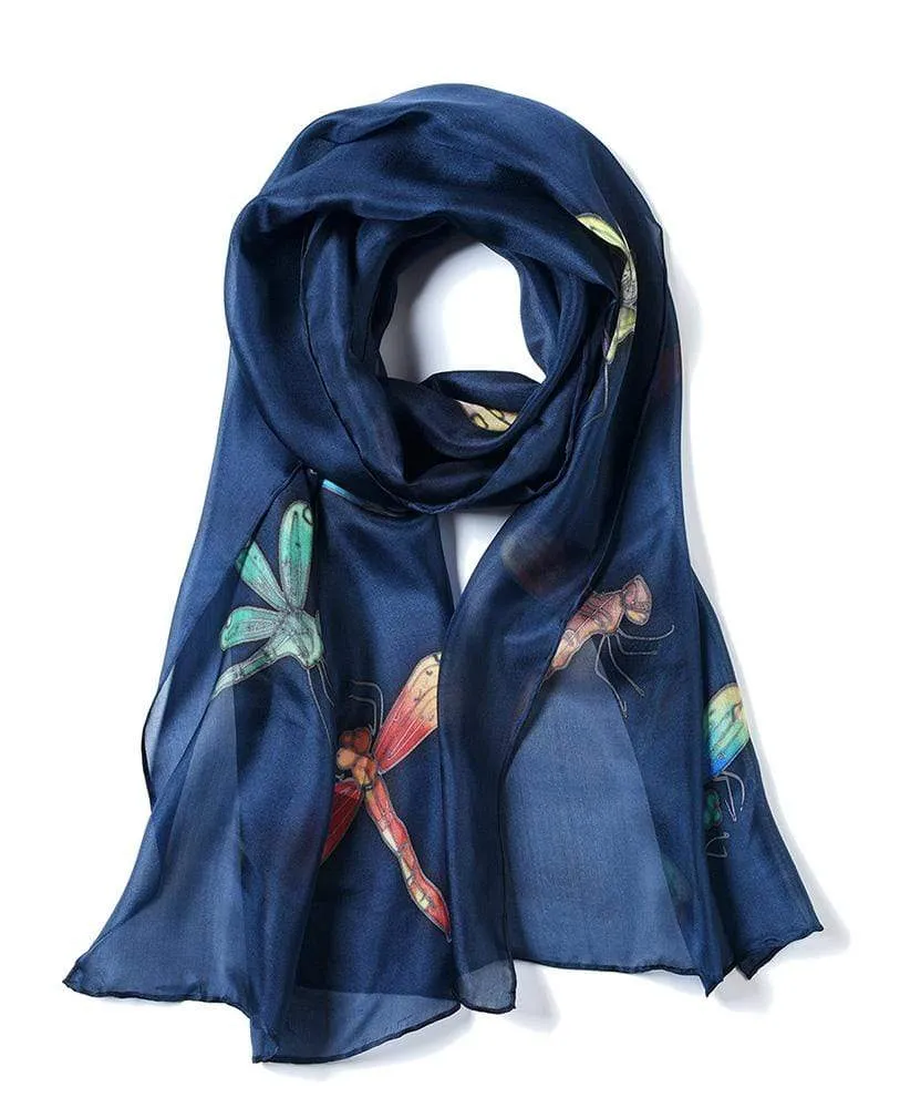 Long Hand Painted Silk Scarf - Dragonfly