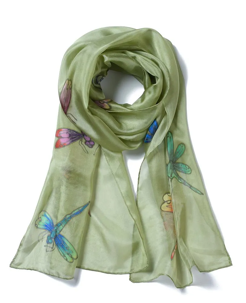 Long Hand Painted Silk Scarf - Dragonfly
