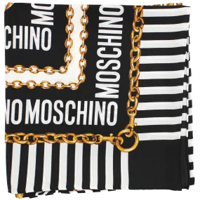 Moschino Scarf Black White Logo Design - Large Square Silk Foulard