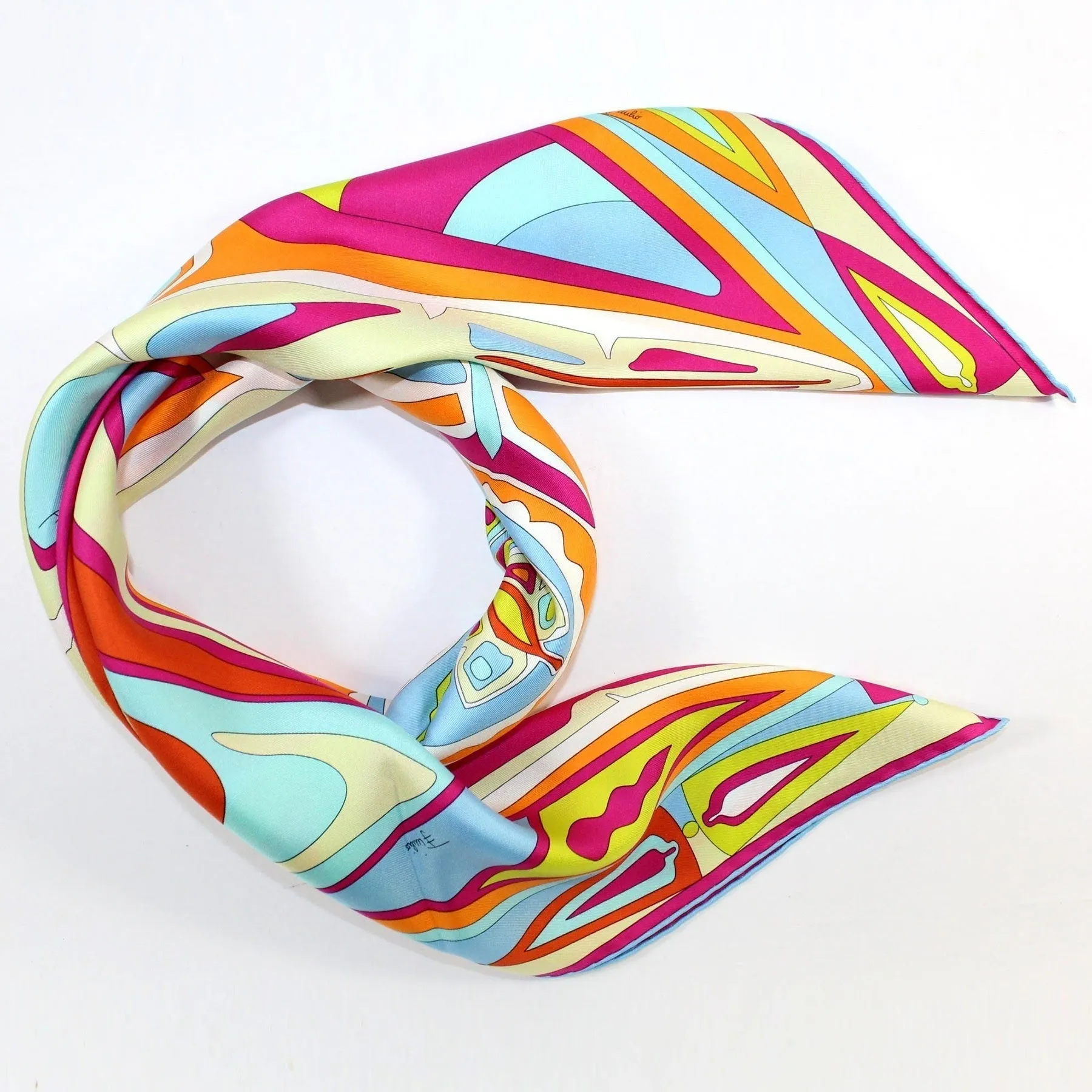 Pucci Scarf Pink Orange Blue Design - Large 36 Inch Twill Silk Square Scarf