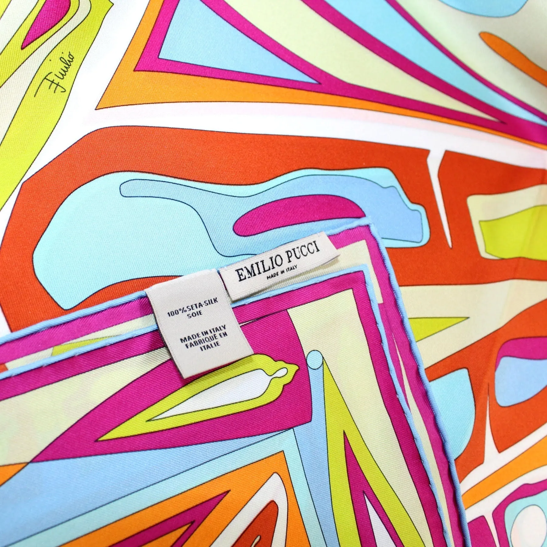 Pucci Scarf Pink Orange Blue Design - Large 36 Inch Twill Silk Square Scarf