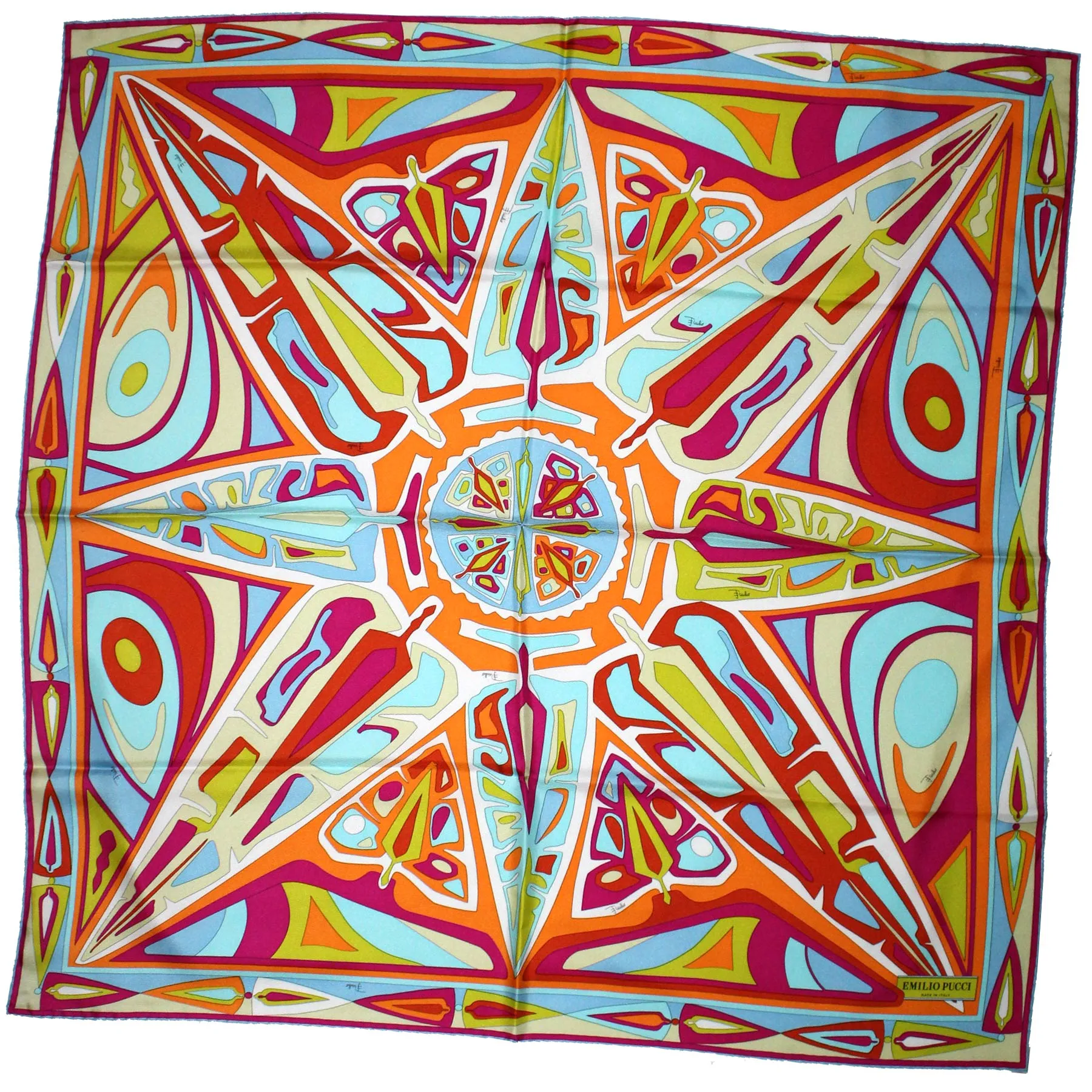 Pucci Scarf Pink Orange Blue Design - Large 36 Inch Twill Silk Square Scarf