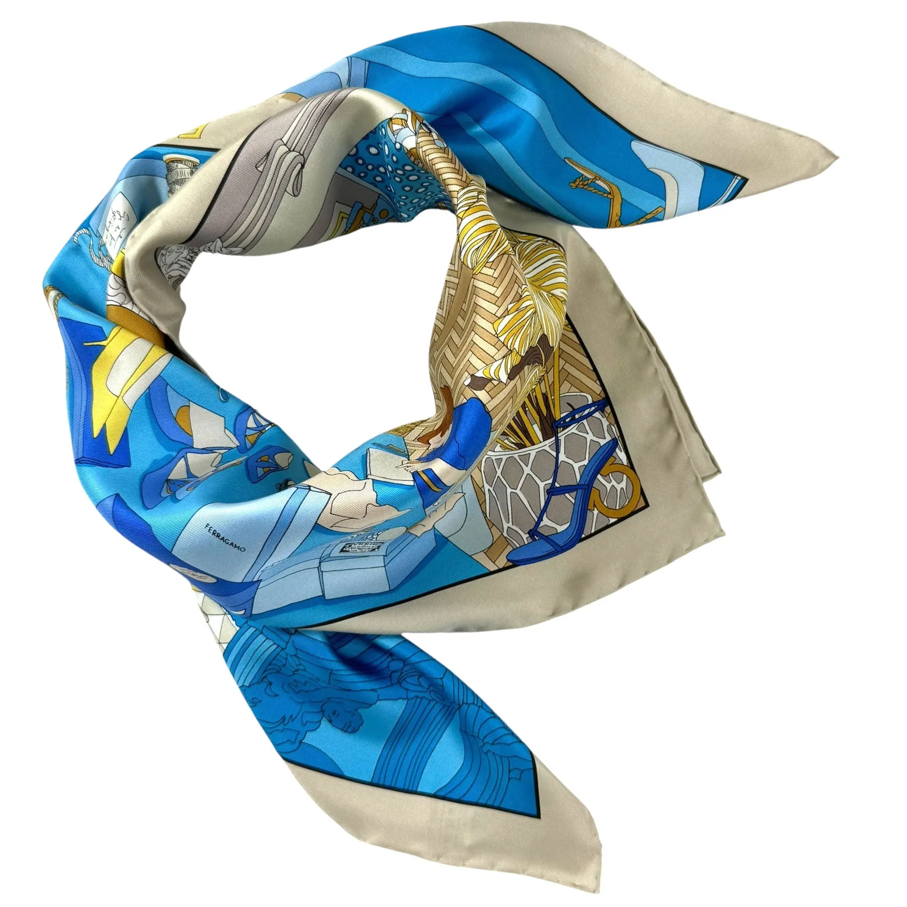 Salvatore Ferragamo Scarf Atelier Design Stone Blue - Twill Silk Foulard 2024 Collection SALE
