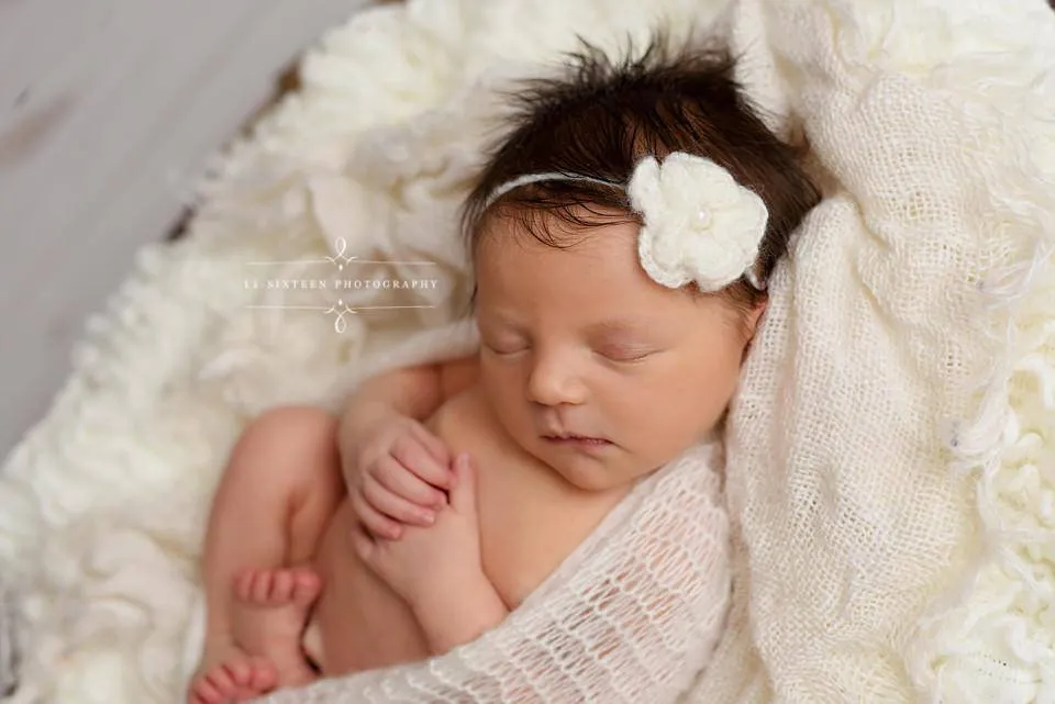 SET Off White Mohair Knit Baby Wrap and Flower Headband