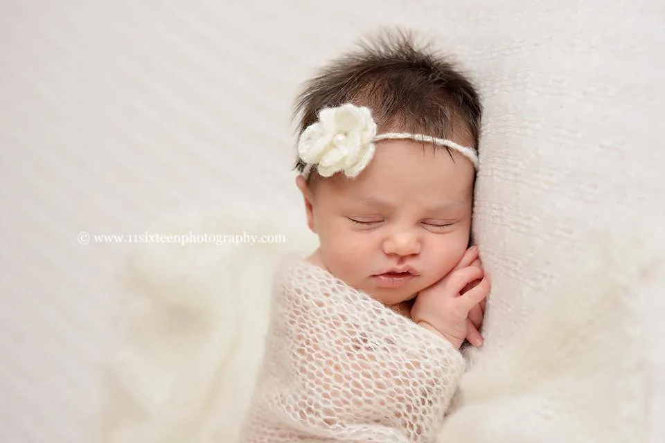 SET Off White Mohair Knit Baby Wrap and Flower Headband