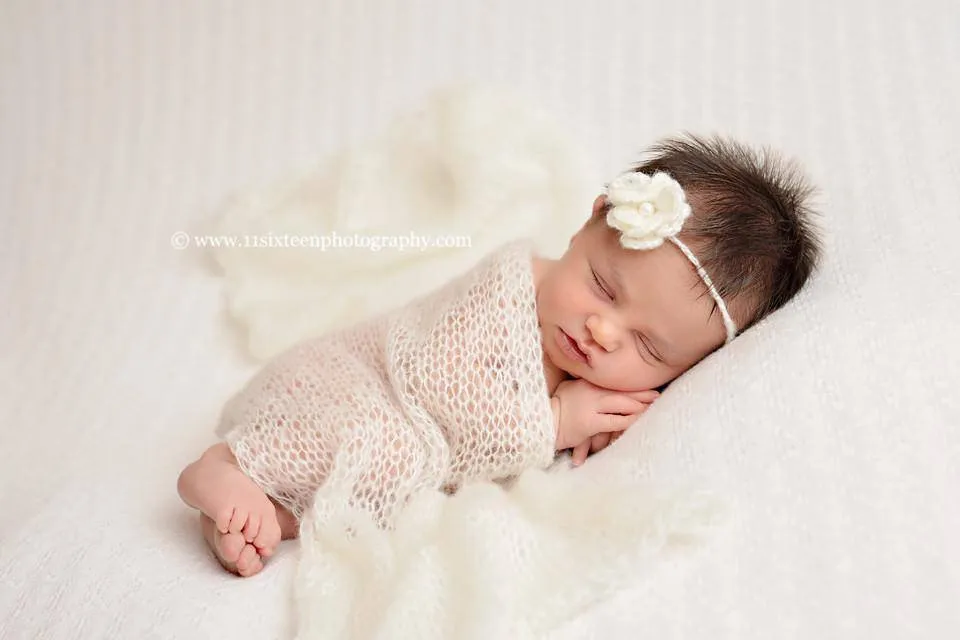 SET Off White Mohair Knit Baby Wrap and Flower Headband