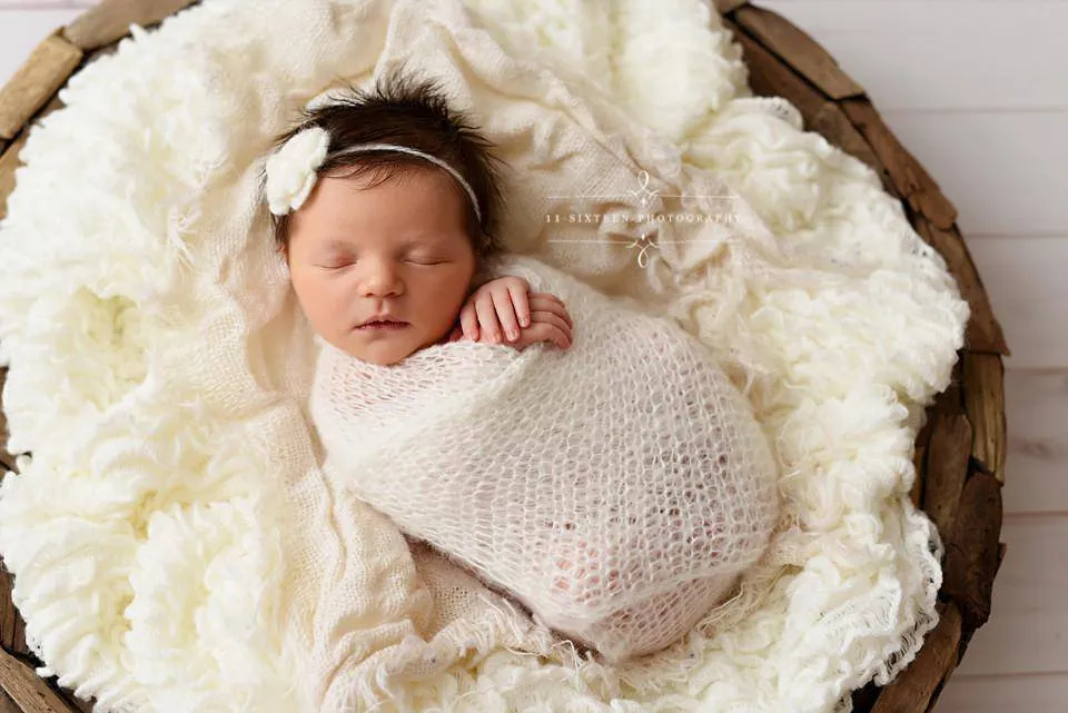 SET Off White Mohair Knit Baby Wrap and Flower Headband