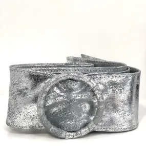 Silver Metallic Womens' Soft Silky Suede Leather Round Buckle 70mm Wide Dress Belt