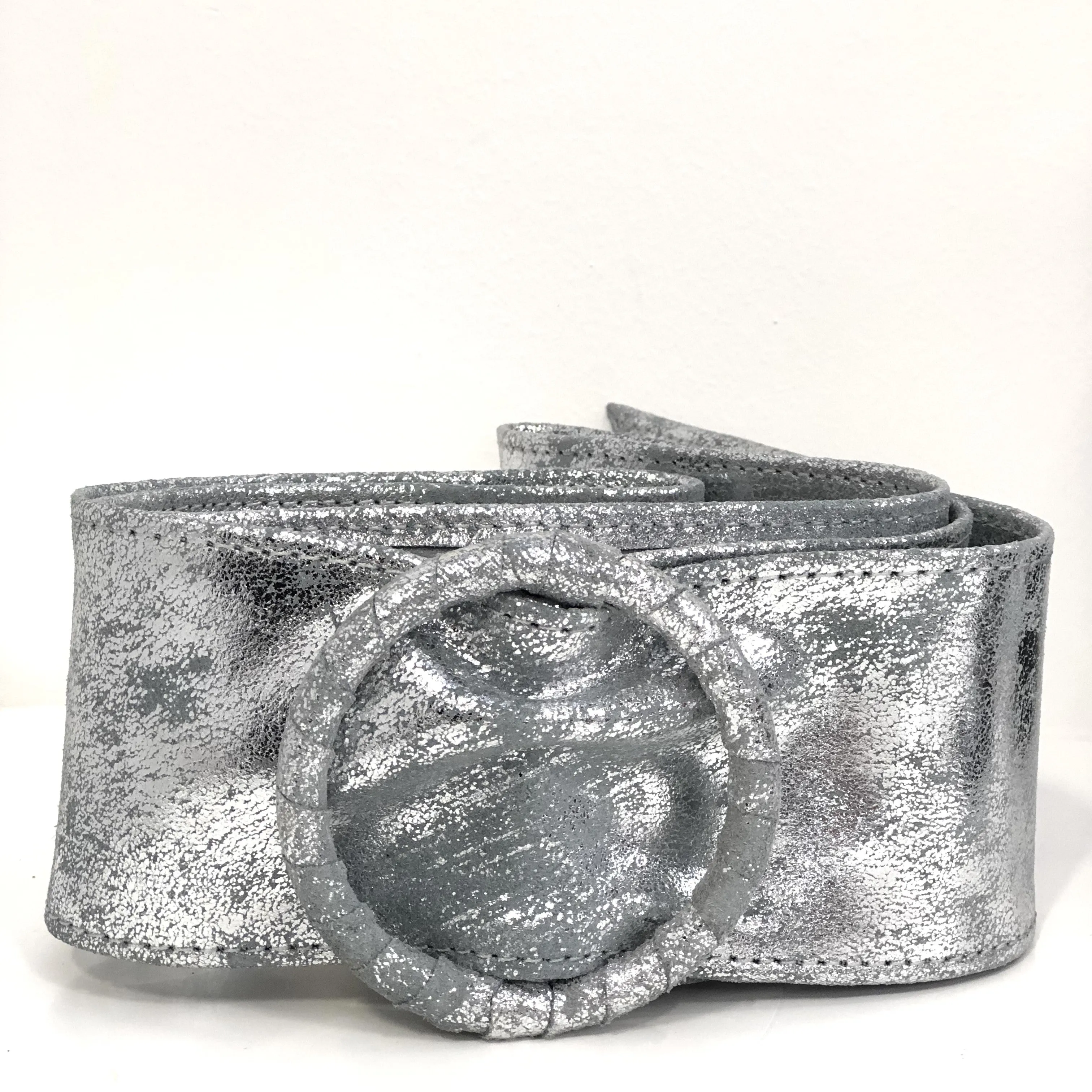 Silver Metallic Womens' Soft Silky Suede Leather Round Buckle 70mm Wide Dress Belt