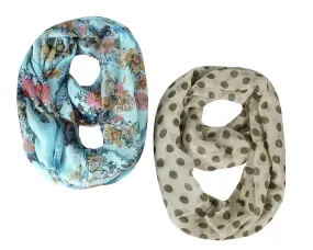 Teal Tan Best Of Both Worlds Polka Dot and Floral Sheer Infinity Scarf Loop