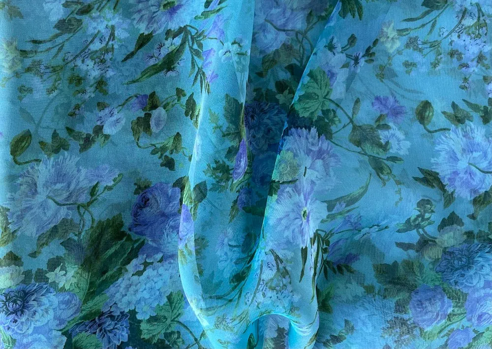 Ungaro Periwinkle Wisteria & Peonies Silk Chiffon (Made in Italy)