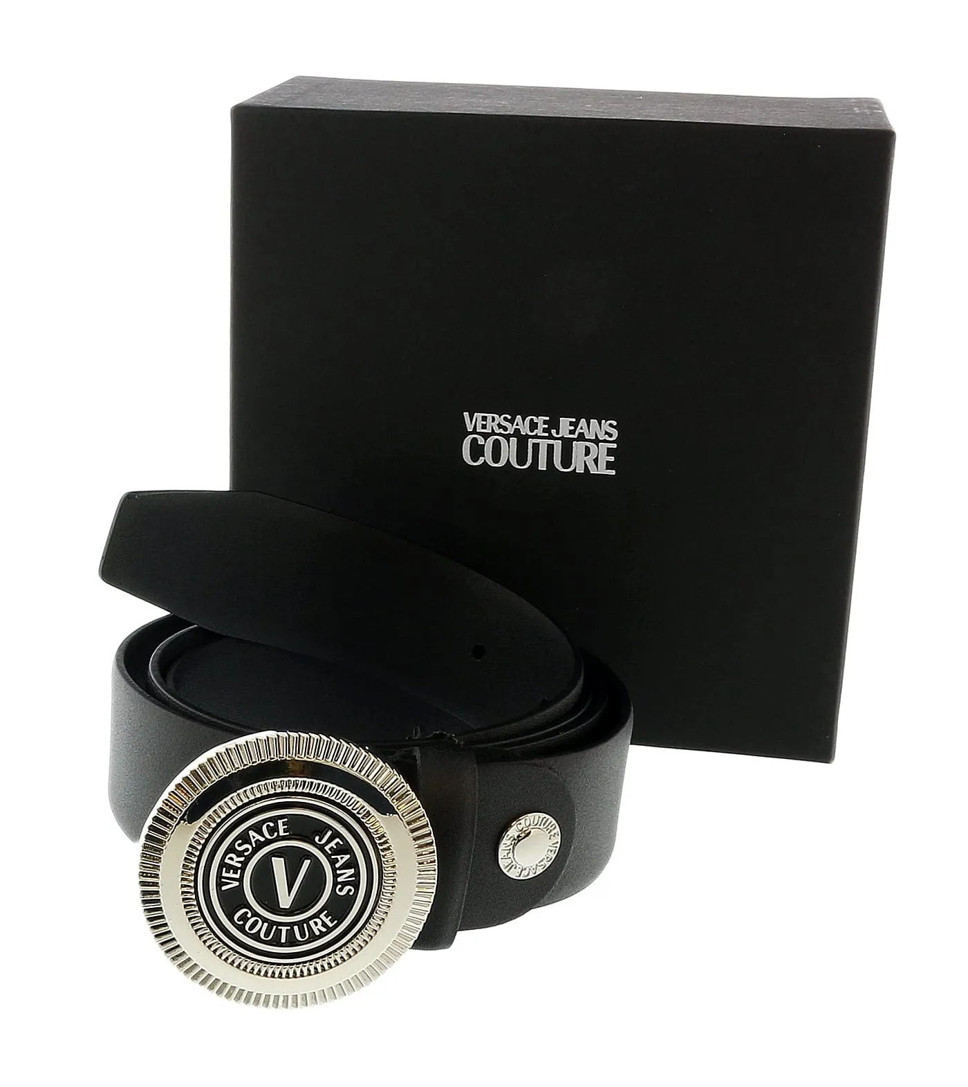 Versace Jeans Couture Black/Nickel V-Emblem Logo Buckle   Adjustable Leather  Belt-
