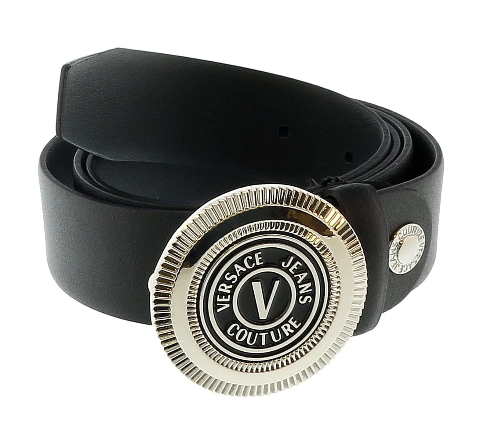 Versace Jeans Couture Black/Nickel V-Emblem Logo Buckle   Adjustable Leather  Belt-