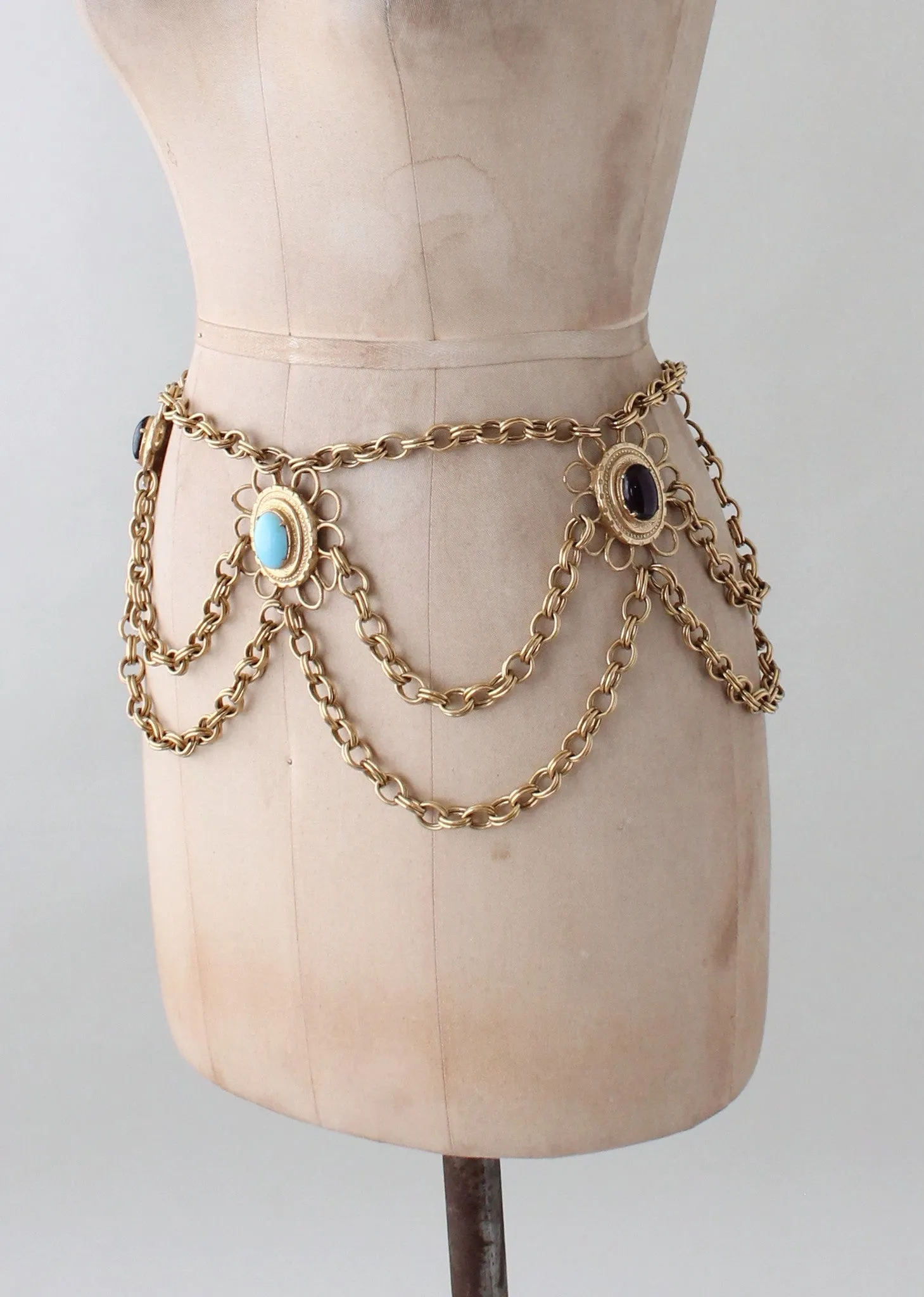 Vintage 1960s Glass and Gold Chain Glamour Belt