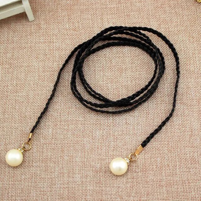 Women Belt Style Candy Color Waist Chain Hemp Rope Braided Big Pearl Dress Belt Casual Thin Belt For Dress Candy Color Women